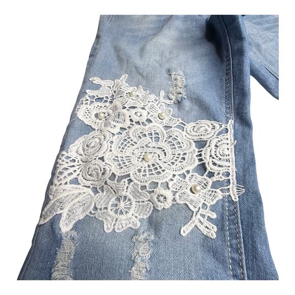 V GOLD Distressed JEANS Women's 16-1/2+ Lace Embellished Stretch Skinny Leg Blue - Picture 3 of 12